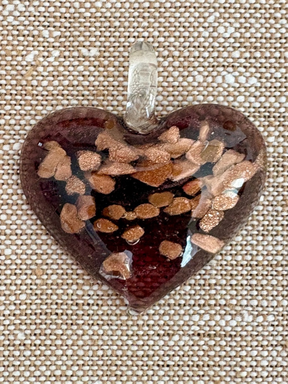 Vintage Murano Glass Puffy Heart Pendant Copper Aventurine Gold Italian Charm
